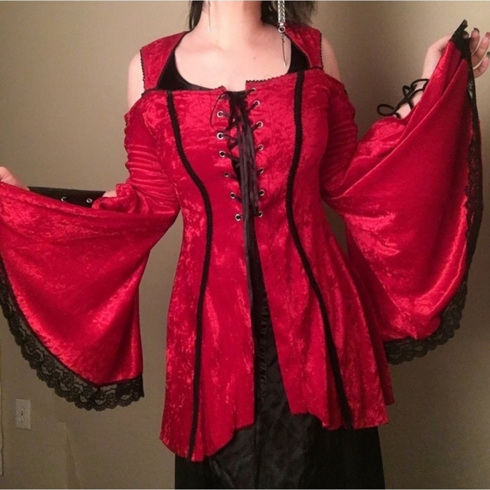 Vintage 90s Lip Service Velvet‎ Cold Shoulder Tunic Top Red Black Corset Goth XL